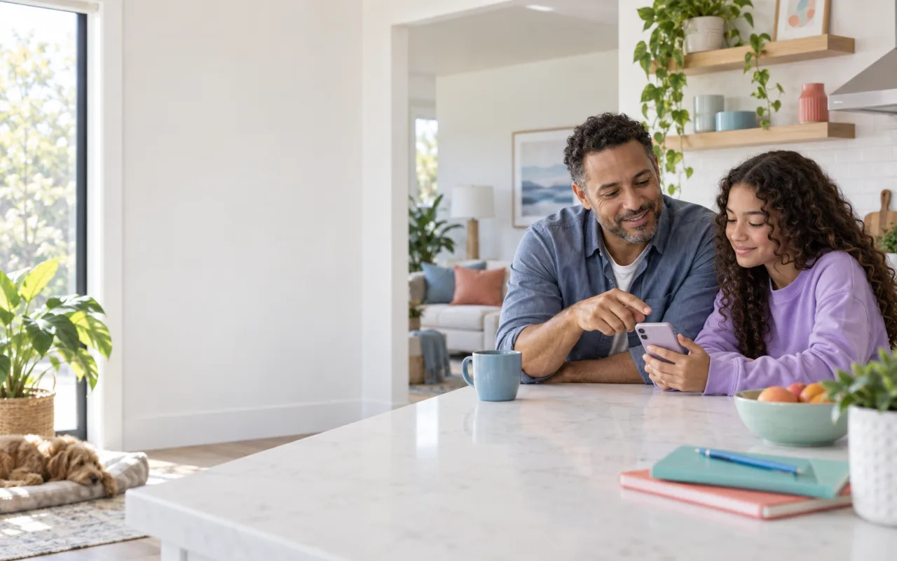 Father and teenage daughter reviewing a phone together at home