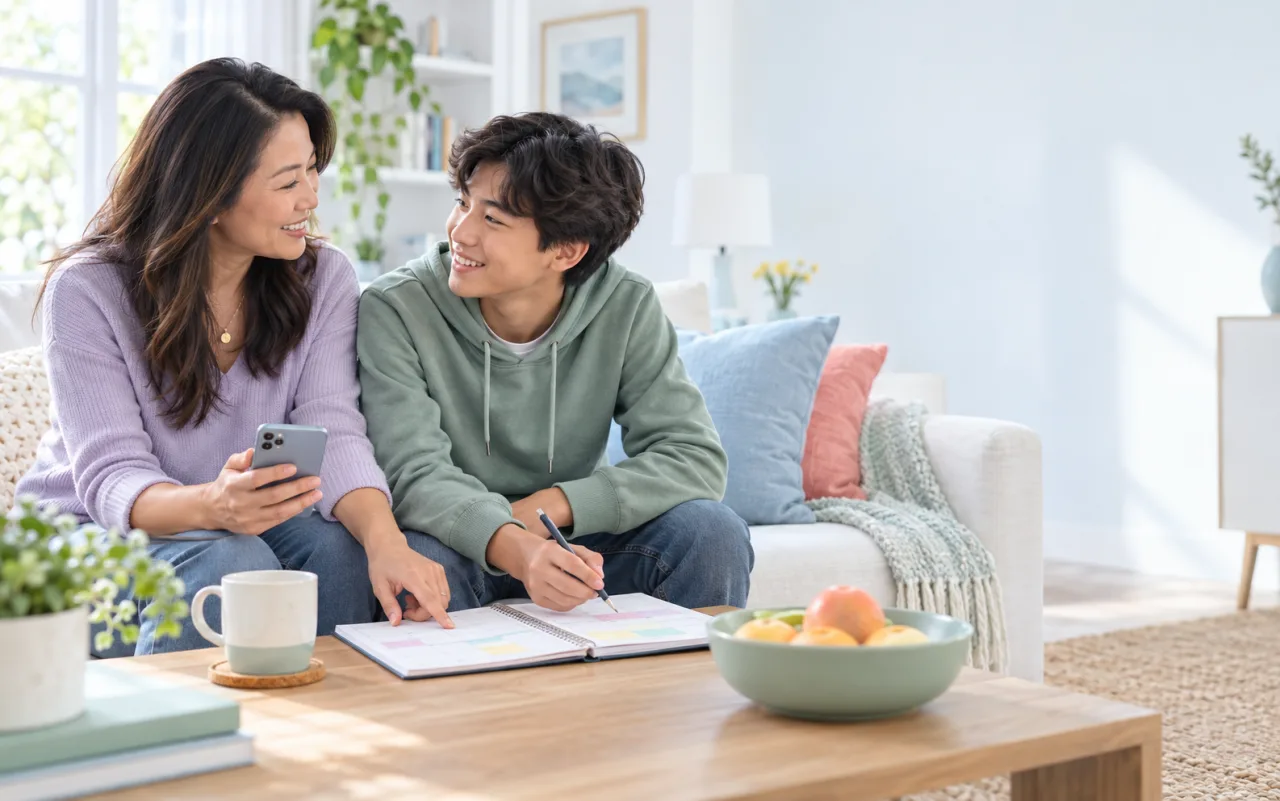 Mother and teenage son agreeing on a family phone routine