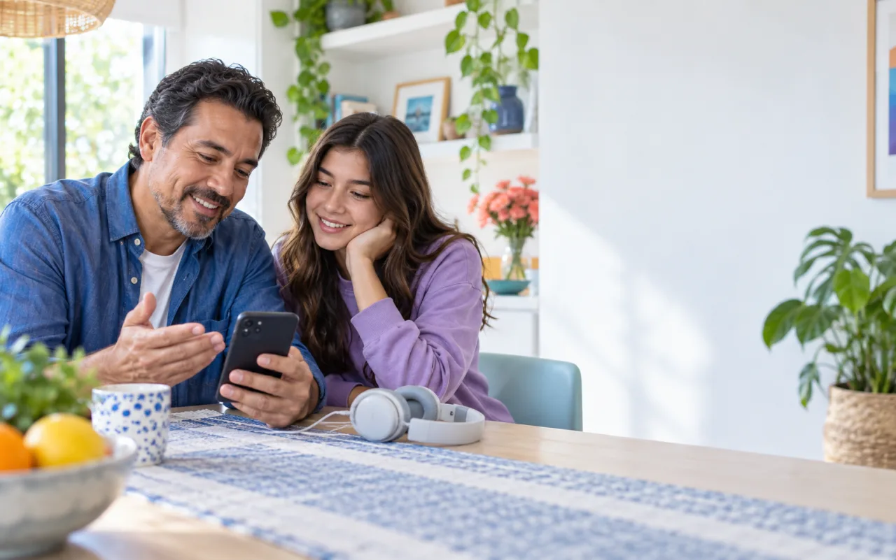 Father and teenage daughter openly listening to phone audio together