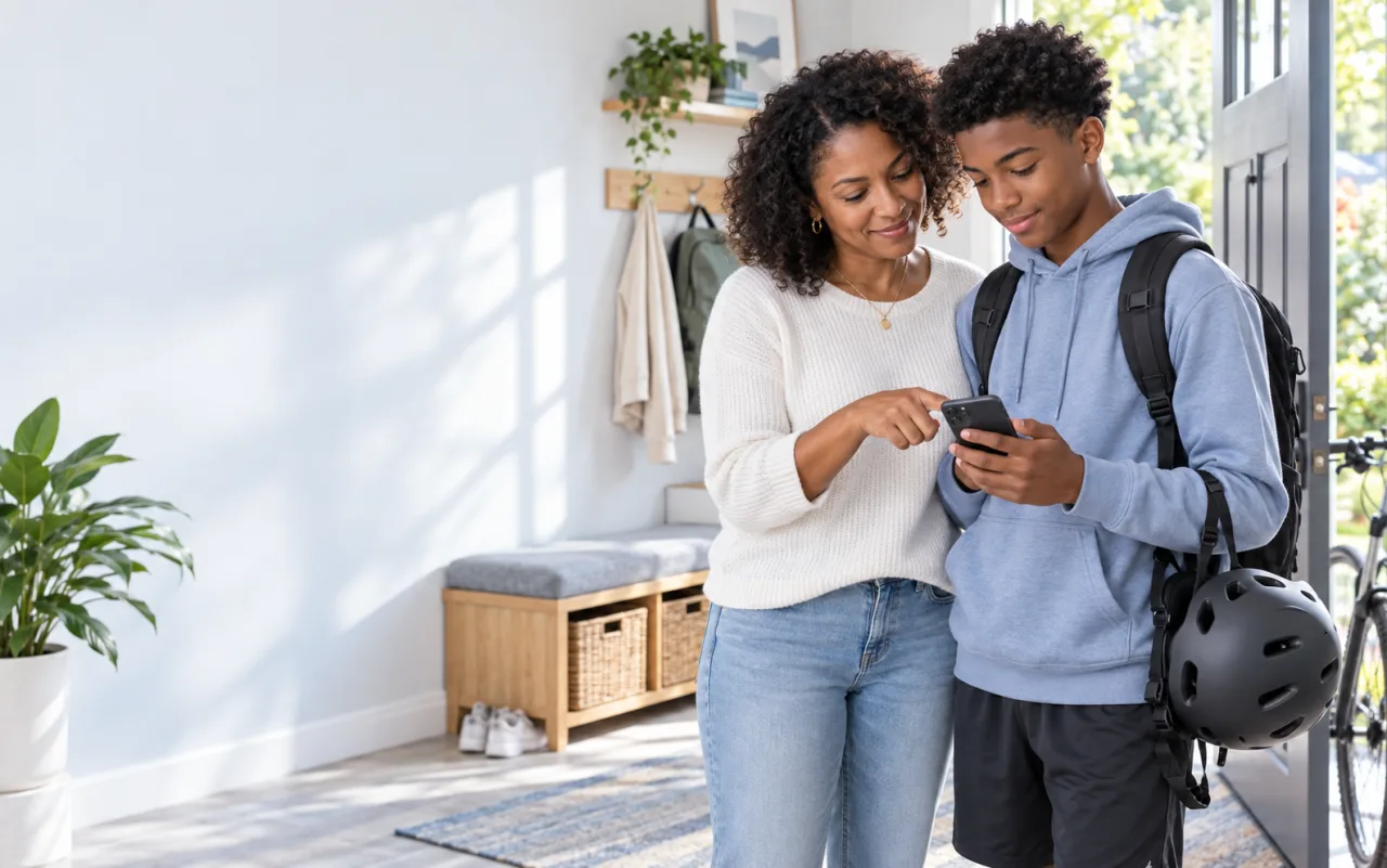 Mother and teenage son checking a phone route before a bike ride