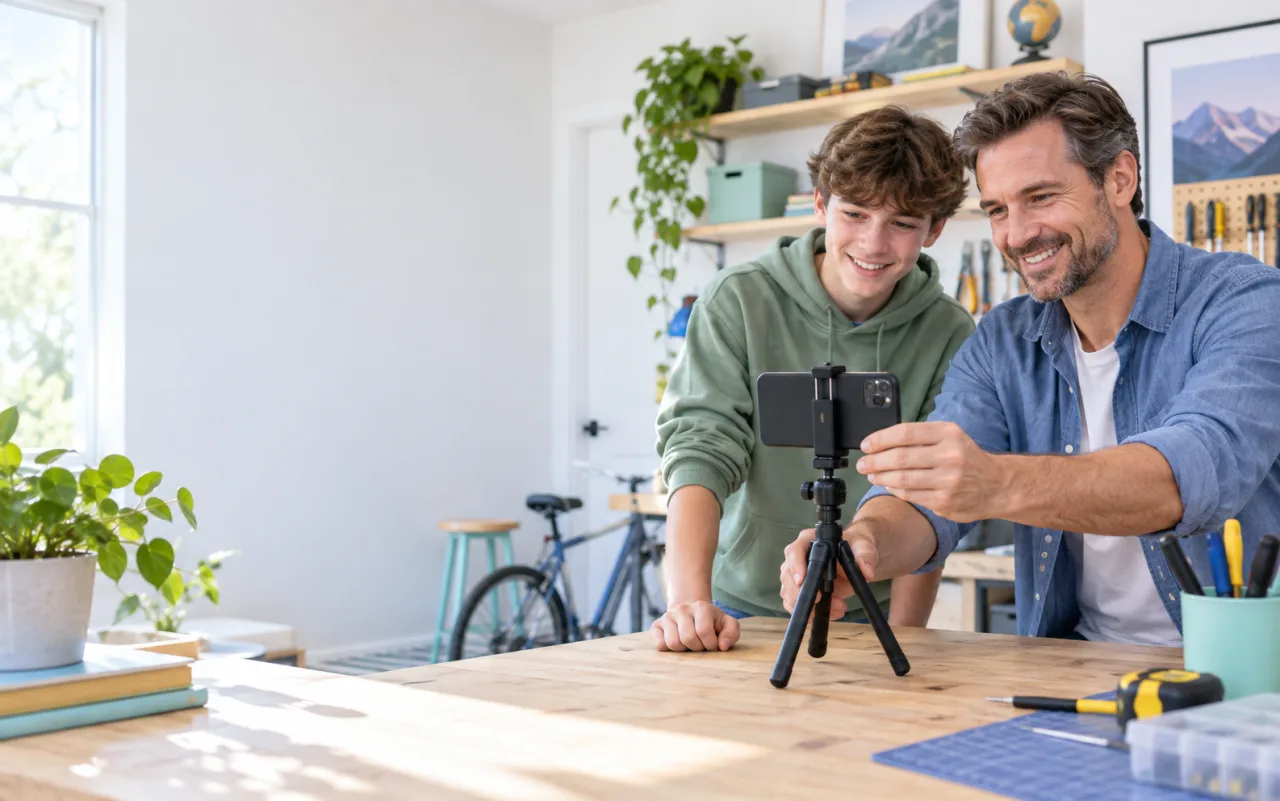 Father and teenage son openly setting up a phone camera on a small tripod