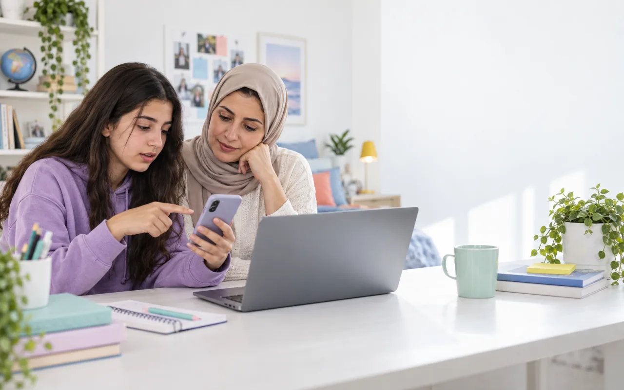 Mother and teenage daughter calmly reviewing a concerning phone message together