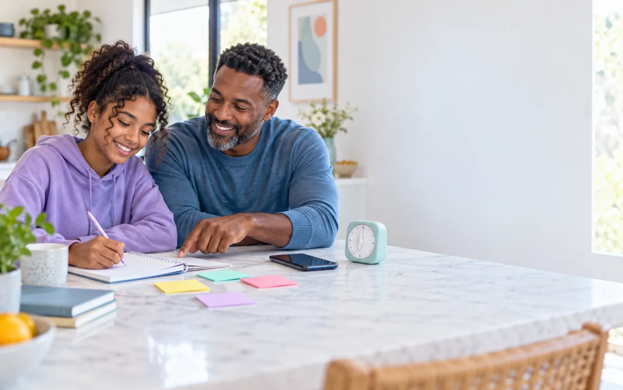 Father and teenage daughter creating a homework and phone plan together