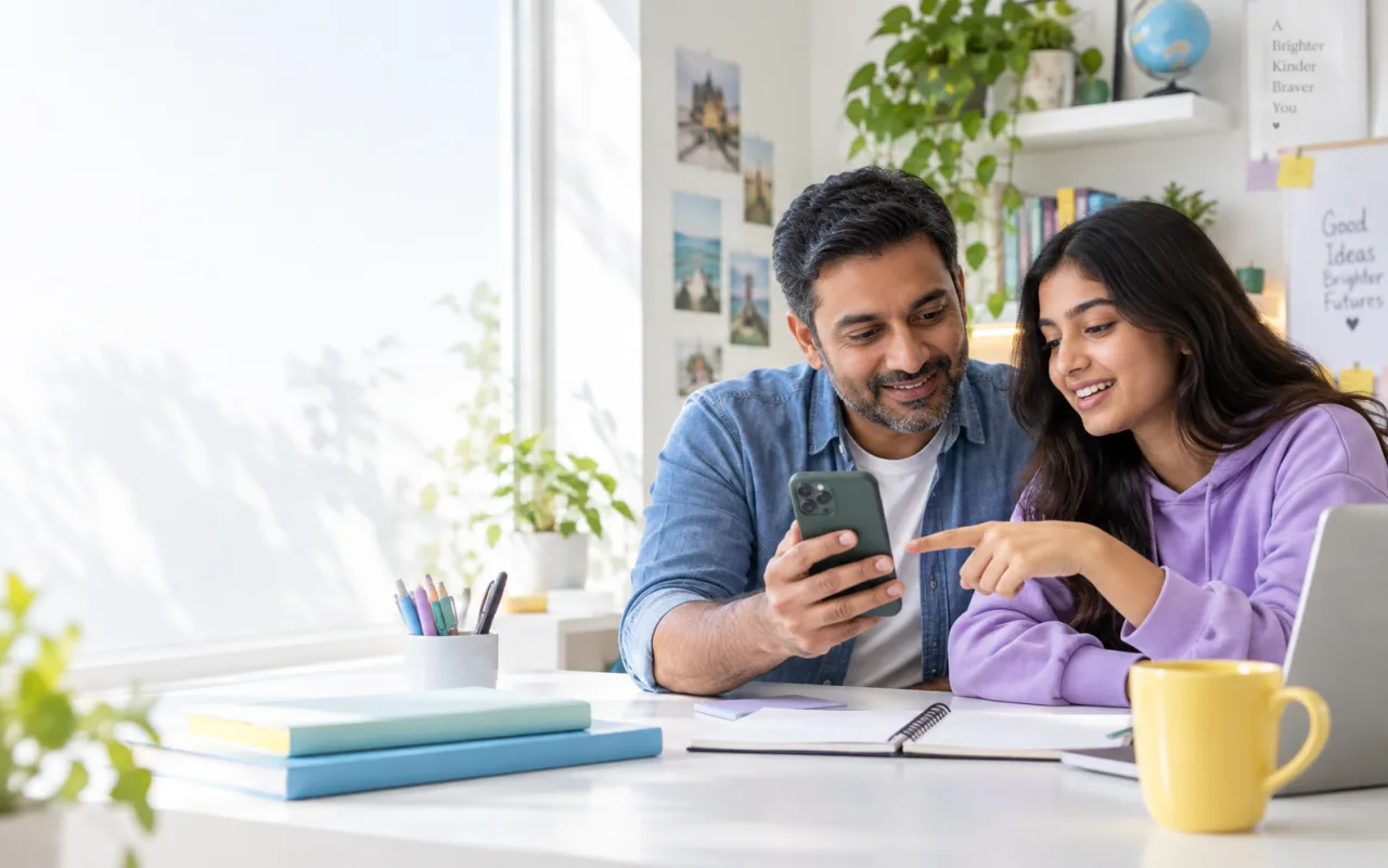 Father and teenage daughter openly reviewing a phone screen together at home
