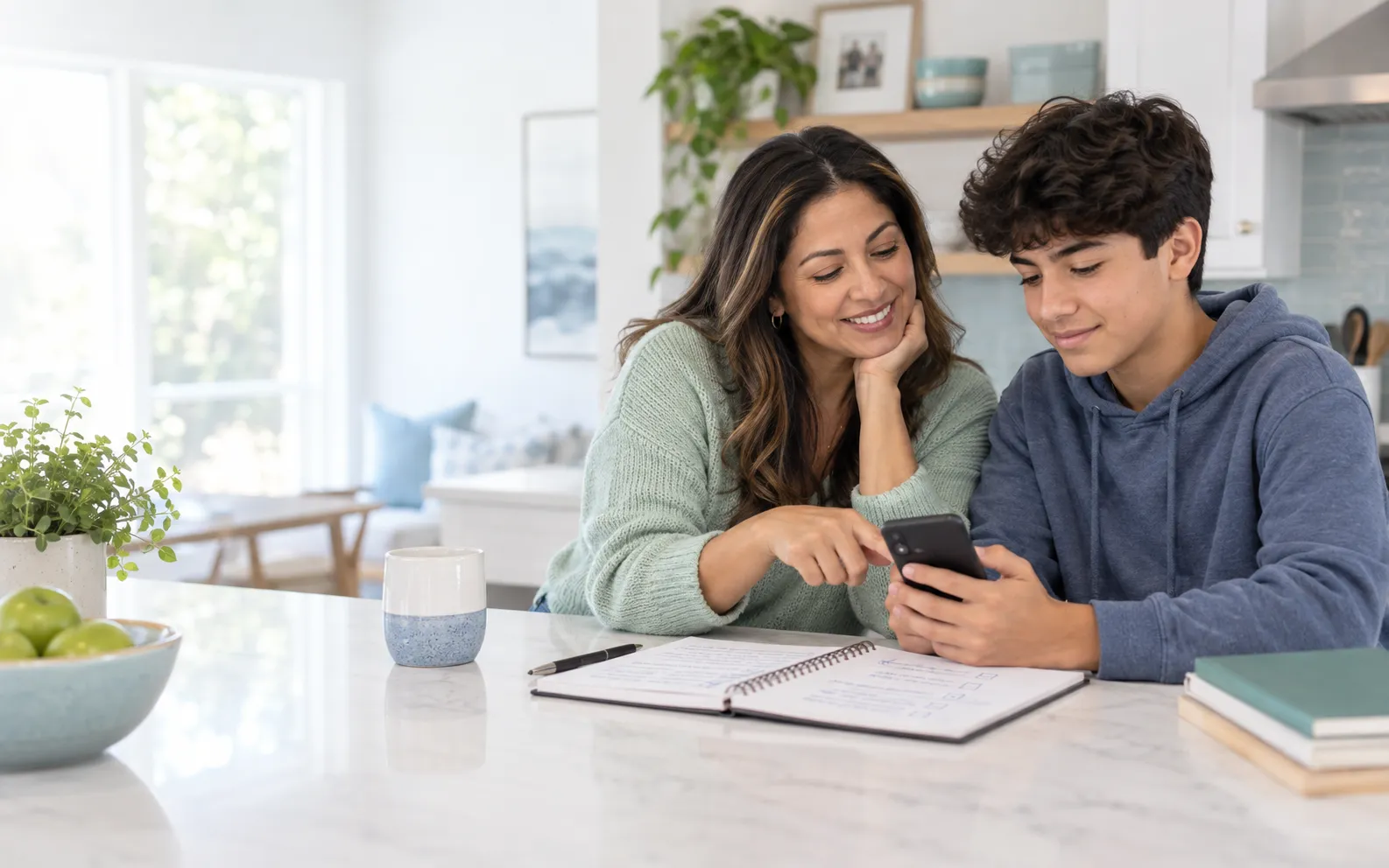 Mother and teenage son agreeing on website boundaries at a bright kitchen island