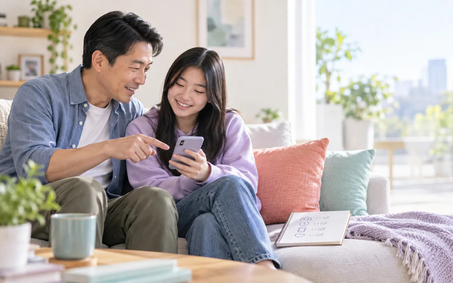 Father and teenage daughter openly discussing social media boundaries on a phone