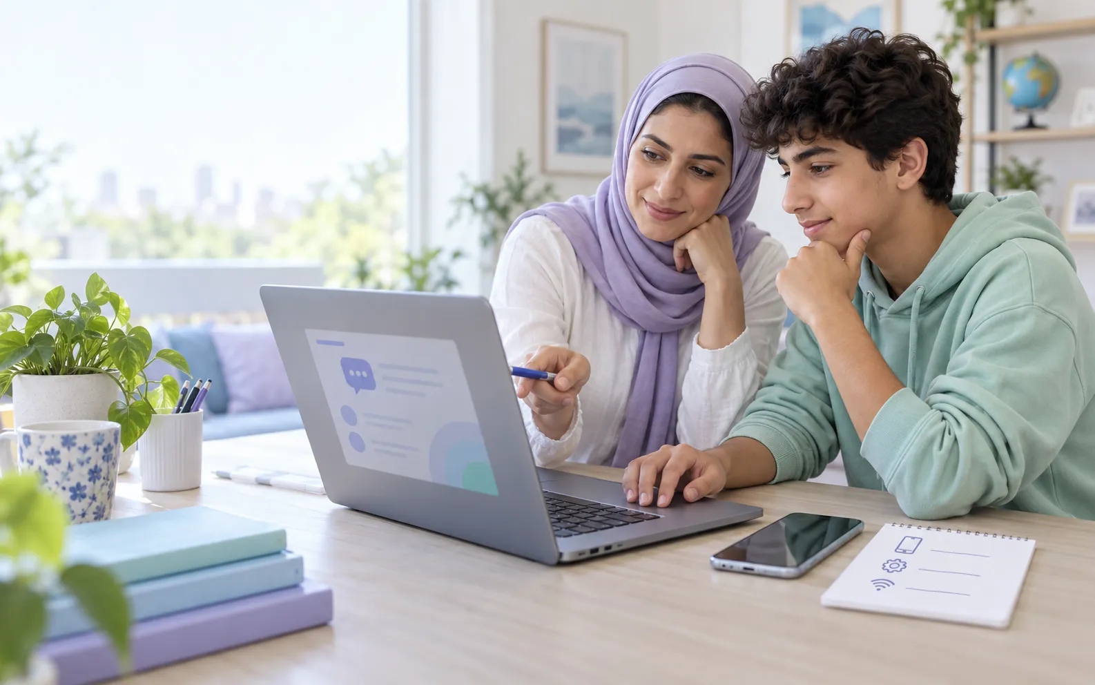 Mother and teenage son preparing a clear support question at a home desk