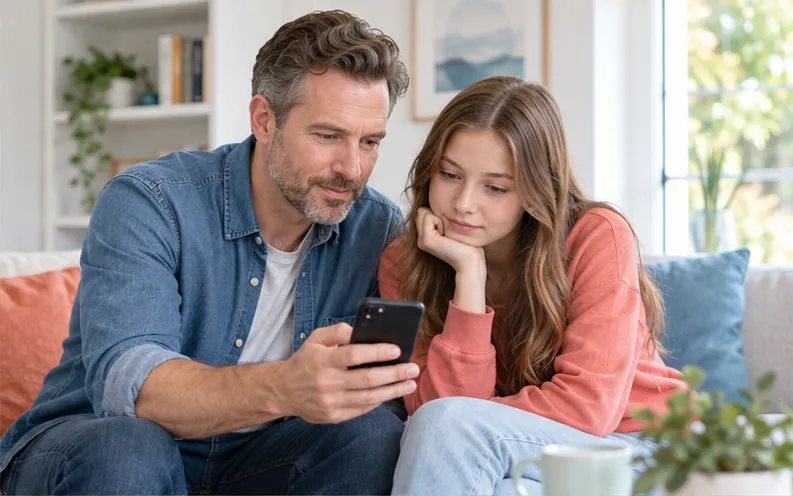 Father and teenage daughter reviewing a Facebook friend request together