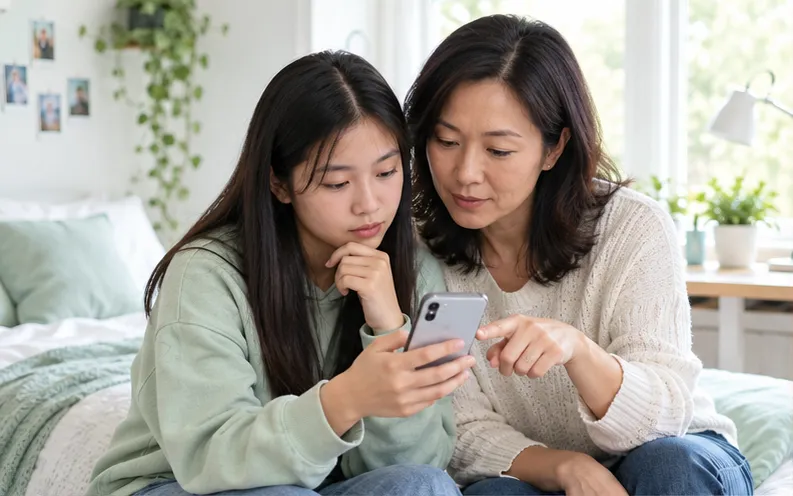 Mother and teenage daughter calmly discussing a new WeChat contact