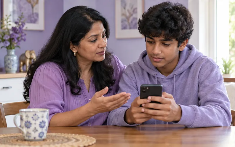 Mother and teenage son talking calmly about an unfamiliar IMO caller