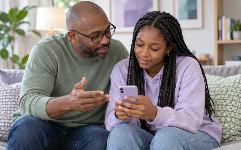 Father and teenage daughter discussing a Viber community on a family phone