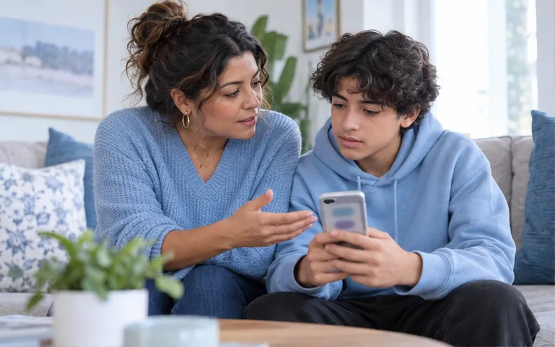 Mother and teenage son reviewing a Telegram group and safety plan together