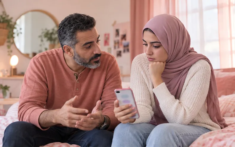 Mother and older teenage daughter having a serious but supportive app-safety conversation