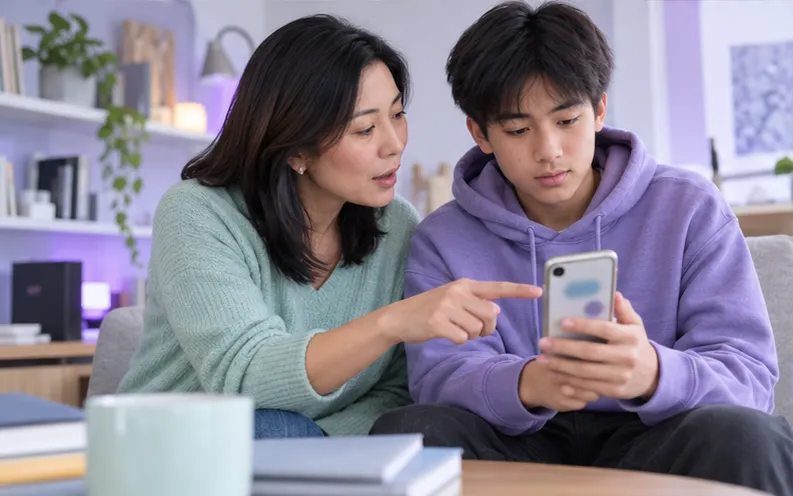 Mother and teenage son openly reviewing a captured phone-screen moment