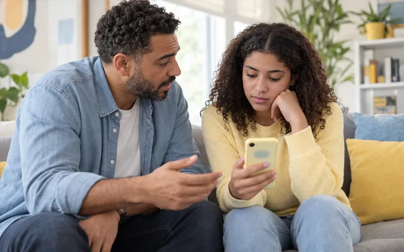 Father and teenage son discussing a Snapchat contact in a bright family room