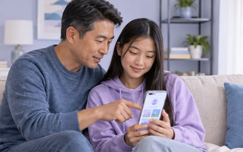Father and teenage daughter reviewing an Instagram privacy concern together