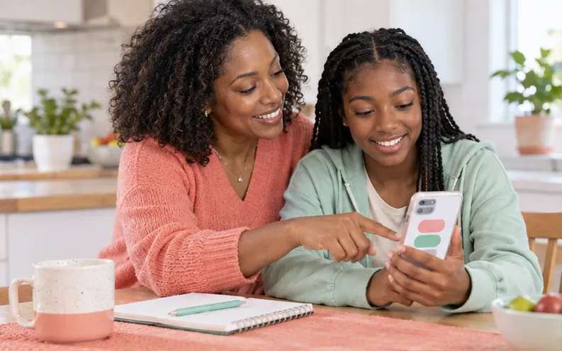 Mother and teenage daughter planning a healthy TikTok viewing routine together