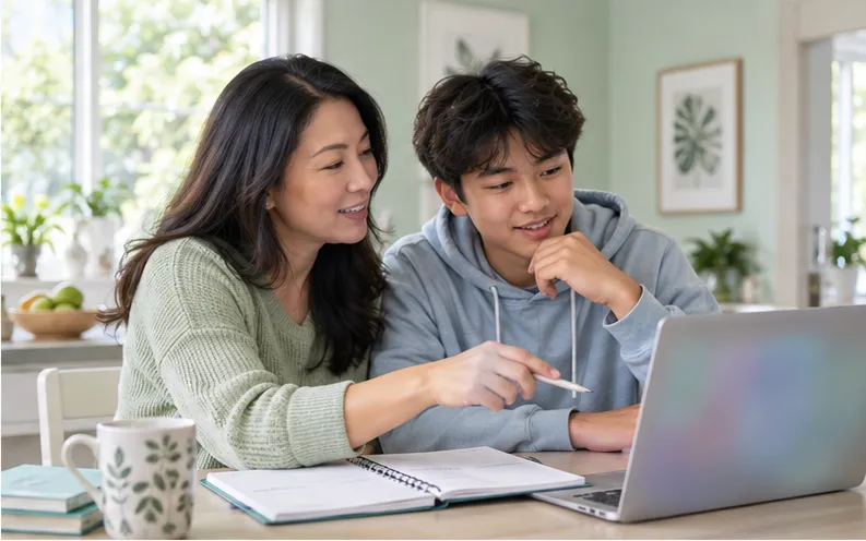 Mother and teenage son comparing a phone-use routine with a homework plan