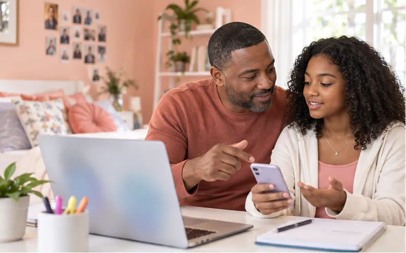 Father and teenage daughter discussing a difficult typed message together