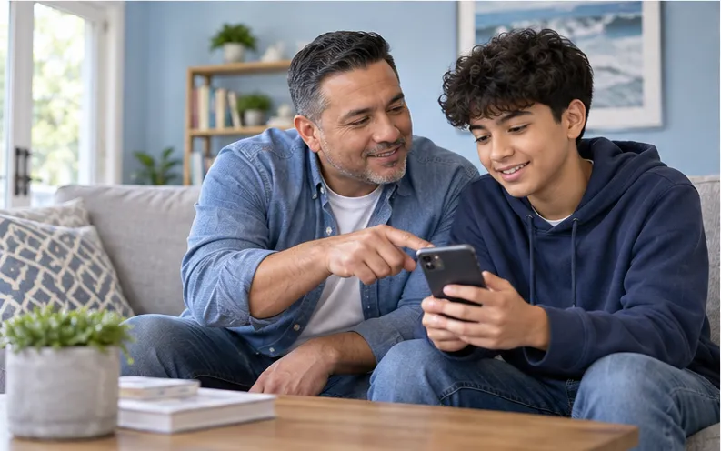 Father and teenage son agreeing to block a repeated unwanted caller
