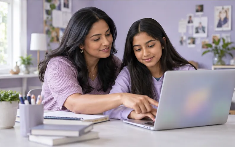 Mother and teenage daughter sorting useful and unfamiliar saved web pages together
