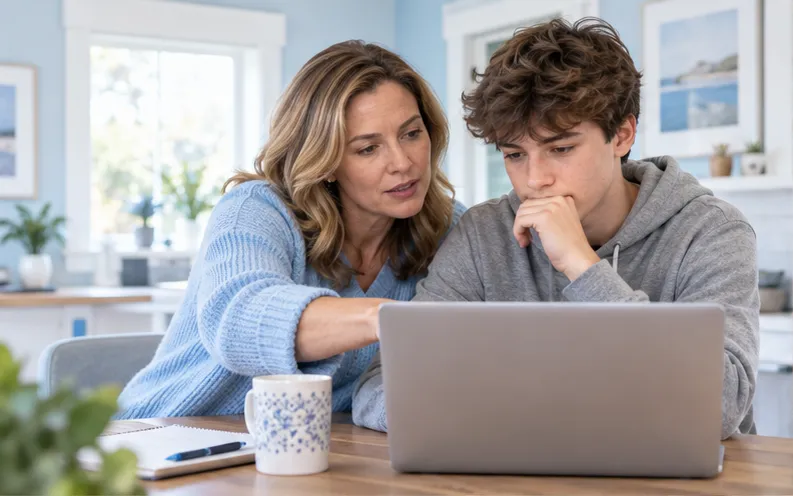 Father and teenage daughter reviewing a web search trail together