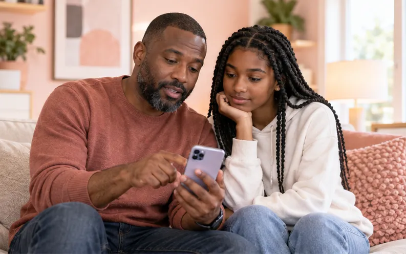 Mother and teenage son discussing an unfamiliar repeated caller