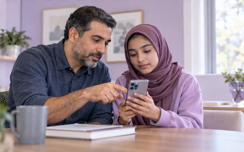 Father and teenage daughter checking phone model and battery details together