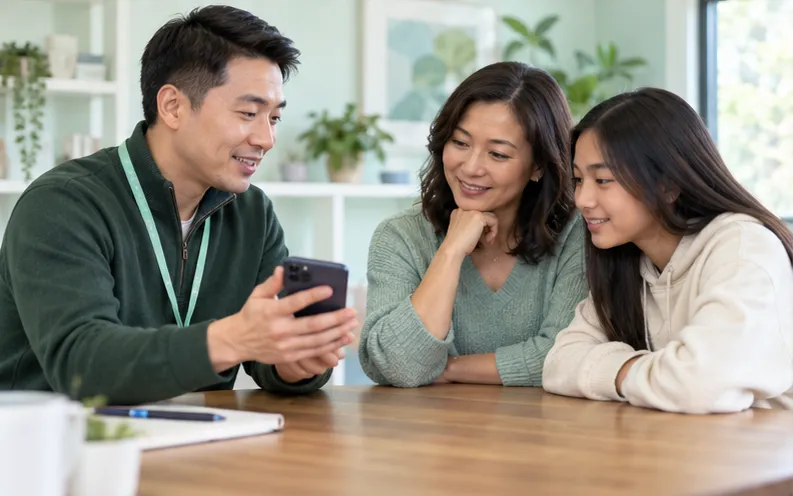 Support specialist helping a mother and teenage daughter understand a phone setup step