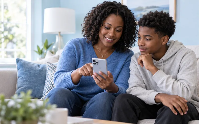 Mother and teenage son planning which family phone information should be backed up