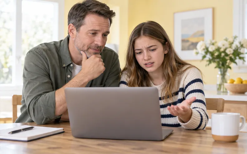 Father and teenage daughter reviewing a suspicious email draft together