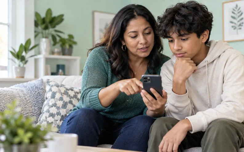 Mother and teenage son checking a suspicious Gmail sender together