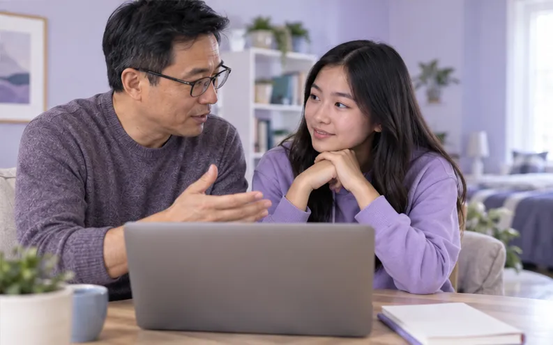 Father and teenage daughter discussing a phone photo with calm privacy boundaries