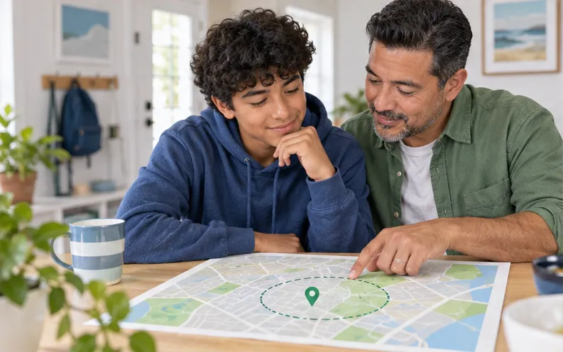 Father and teenage son agreeing on a neighborhood arrival boundary