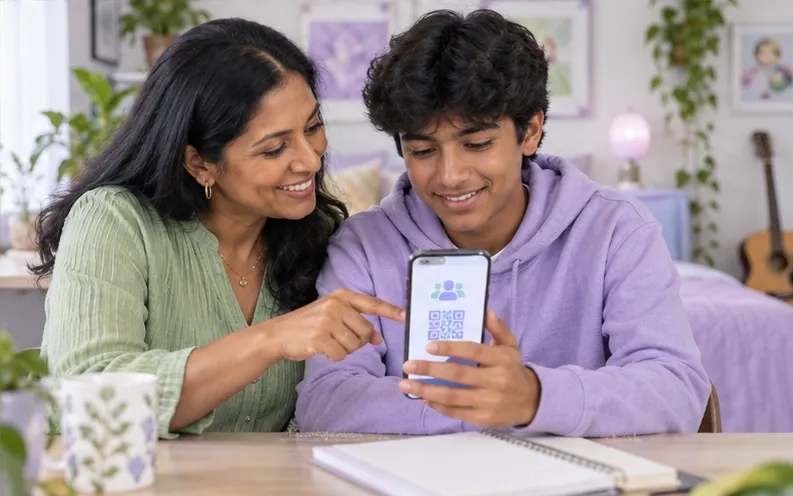 Mother and teenage son discussing a LINE group and privacy settings