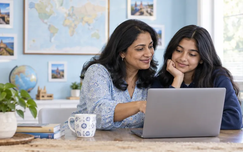 Mother and teenage daughter reviewing a travel route and missed check-in together