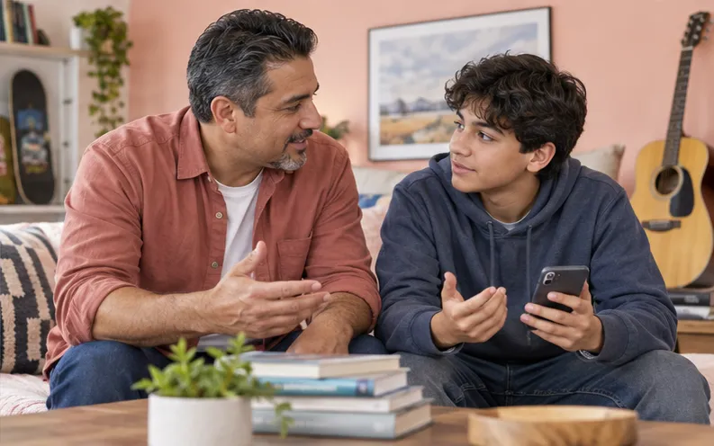 Father and teenage son discussing a clear ambient-recording boundary in a shared room