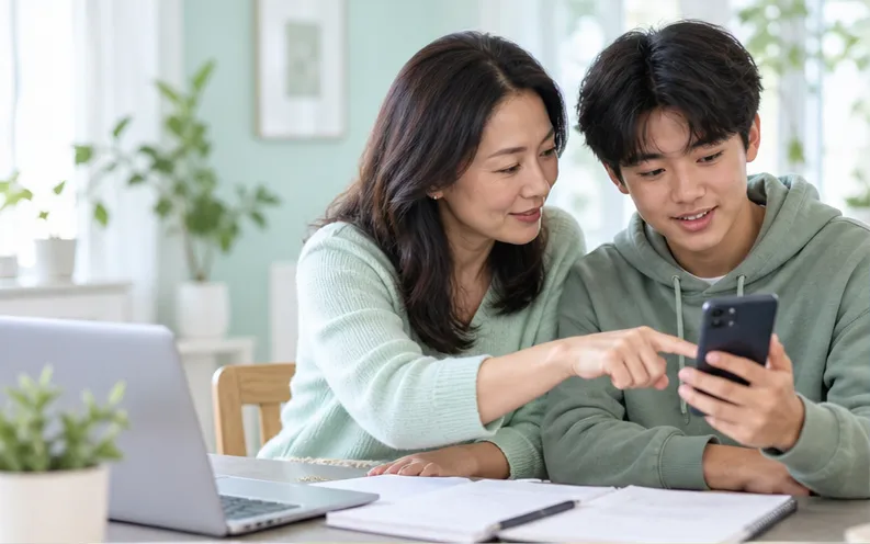 Mother and teenage son reviewing a remote phone-control plan together