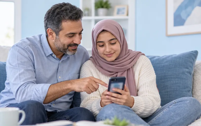Father and teenage daughter checking a planned SIM card change together