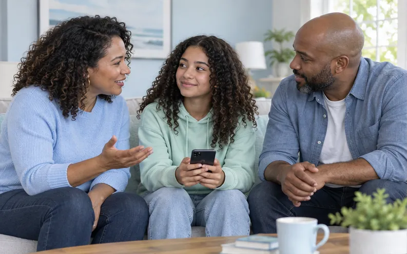 Diverse family sharing an open conversation about phone habits at home