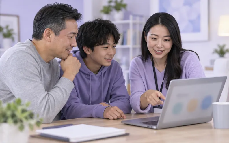 Father and teenage son choosing the right FonSee help topic together