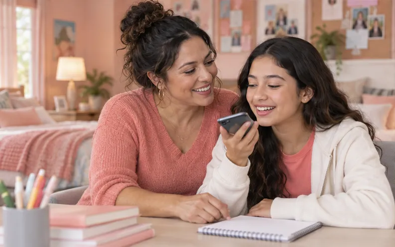 Mother and teenage daughter recording an agreed family voice reminder together