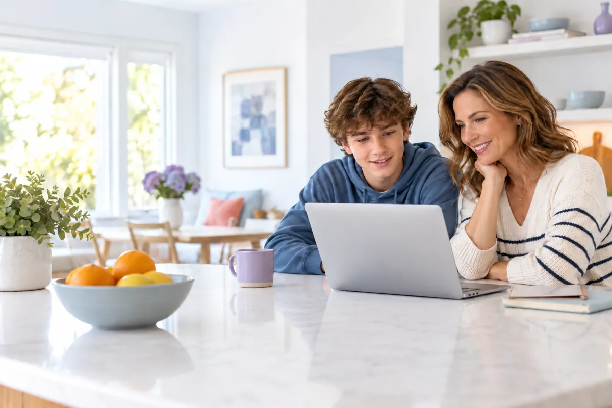 A mother and teenage son calmly comparing a family plan together at home