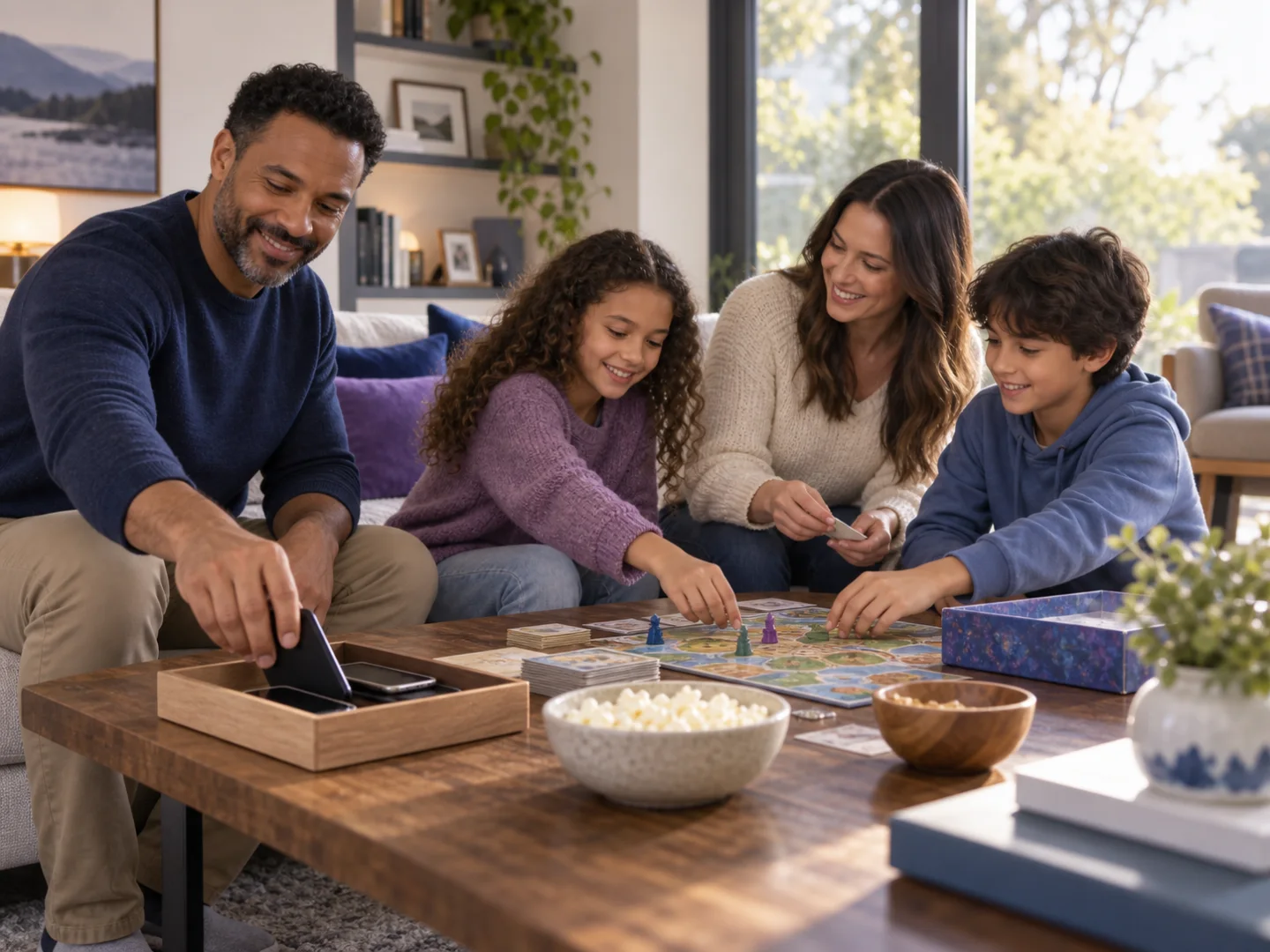 Family putting phones aside and playing a board game together